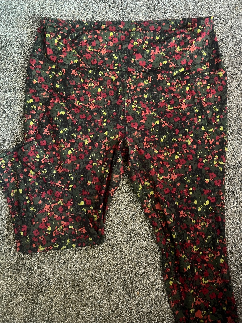 MTA Sport Black Floral Print Leggings with Red & Green Accents